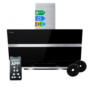 KKT KOLBE  Hotte aspirante 80 cm  Murale inclin&eacute;e  Inox & verre noir  WiFi  LED RVB  Commande tactile  HERMES8005SM