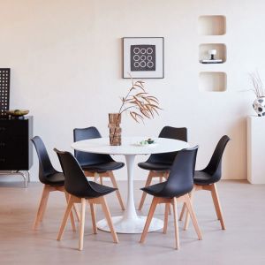 BenyLed 110cm Table de Salle &agrave; Manger Ronde avec 6 Chaises Scandinave pour la Mmaison Le Bureau Blanc+Noir