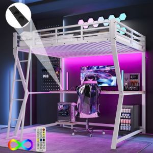 lit mezzanine 140x200 structure m&eacute;tal robuste lit mezzanine avec escalier bureau int&eacute;gr&eacute; LED multicolore ports USB