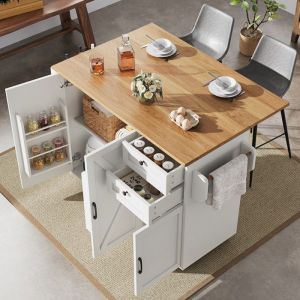 Desserte de cuisine à roulettes 120x43-71x92cm Îlot central de cuisine avec plan de travail extensible 2 tiroirs 3 portes - Blanc