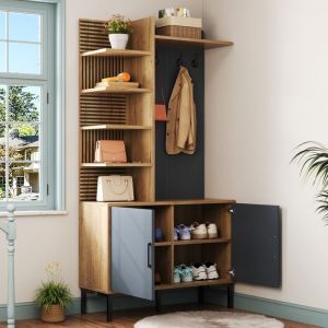 Portemanteau - Meuble Hall d&rsquo;entr&eacute;e avec Vestiaire Armoire &agrave; Chaussure Crochets et &Eacute;tag&egrave;res R&eacute;glables 100&times;40&times;1905 cm Naturel