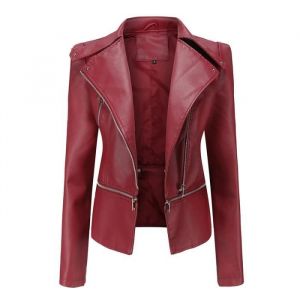 Blouson Femme Simili Cuir Printemps et Automne Veste Zippee Manches Longues Couleur Unie Bord Amovible - Bordeaux