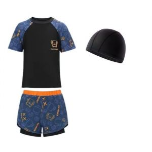 Maillot de Bain Enfant Garçon 3 Pièces Ensemble T-Short et Short Avec Doublure de Compression et Bonnet de Bain - Orange
