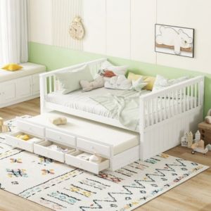 Lit simple 140x200 cm (90x190 cm) lit enfant lit simple avec lit gigogne lit en bois massif avec trois tiroirs blanc