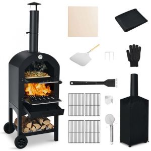 Four à Pizza Extérieur au Charbon de Bois COSTWAY-Pierre à Pizza 305cm Gant Anti-brûlureHousse Étanche2 GrillsThermomètre