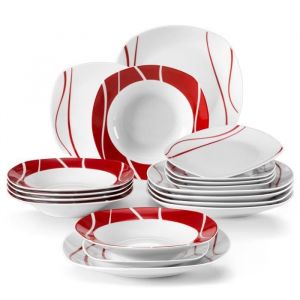 MALACASA Assiette Série FELISA 18 pièces Service de Table Complet en Porcelaine Motif à rayures blanches et rouges