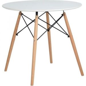 Table à manger ronde MADDIE - Blanc laqué - Pieds en bois hêtre massif - Style scandinave