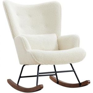 Fauteuil à Bascule Chaise Berçante Allaitement Bébé en Tissu Bouclette Rocking Chair Style Scandinave en Bois dHévéa Beige
