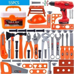 Outils Enfant 55 Pcs Boite a Outil avec Perceuse &Eacute;lectrique Malette Outils Visseuse Malette Outils Cadeau Enfant 3 4 5 6 Ans