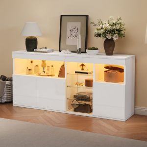 Buffet Blanc Laqu&eacute; - 1555 x 35 x 72 cm - LED - 3 Portes et &Eacute;tag&egrave;res en Verre - Meuble de Rangement - Salon