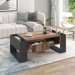 Table basse en bois table de salon 111 x 40 x 60 cm avec tiroirs compartiments de rangement avant et arrière - Noir + Gris