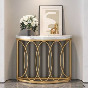 Table console en m&eacute;tal - 110 &times; 35 &times; 80cm - Table Console demi-cercle &ndash; Plateau de table imitation marbre - Or/blanc - table de hall