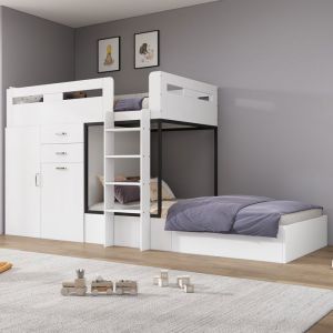 Lit superpos&eacute; Maisentiel multifonctionnel avec bureau escamotable armoire et tiroirs MDF blanc et noir 90x200 cm