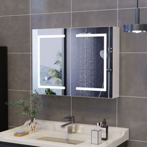 Armoire de salle de bain Étagères Réglable 3 étagères ouverts 2 portes miroir avec LED miroir 80 x 13.5 x 60cm Blanc