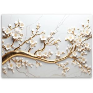 Tableau Décoration Murale 3D Fleur - 90x60 cm - Motif floral - Peinture sur toile - branche dor avec fleurs blanches - Feeby