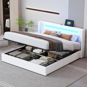 Lit rembourr&eacute; 160x200 cm avec bande LED joueur Bluetooth et chargement USB lit de rangement en cuir PU avec cadre &agrave; lattes blanc