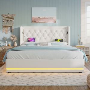 Lit coffre capitonné 180 x 200 cm en similicuir - avec fonction de recharge et LED au pied du lit - Blanc