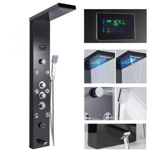 Colonne de Douche Hydromassante Thermostatique avec Douchette et 6 Jets de Massage  5 Fonctions Douche Cascade Murale en Acier