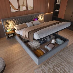 MODFU Lit coffre double 160 x 200 cm avec 2 chevets liseuse tête de lit et recharge USB gris