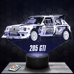 Lampe 3d _ Peugeot 205 GTI Rallye - Jouet Miniature Cadeau Peugeot 205 GTI Rallye - Veilleuse Led Tactile avec socle au choix TOP