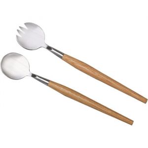 Couverts &agrave; salade - Inox - 2 pi&egrave;ces - Cuill&egrave;re et fourchette - Manche en bois - Compatible lave-vaisselle