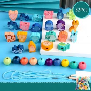32Pcs Jouets &agrave; Enfiler en Bois pour B&eacute;b&eacute; 2 3 4 5 Ans Perles Montessori avec AnimauxId&eacute;e Cadeau pour Anniversaire No&euml;l