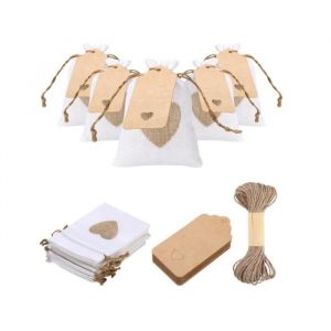 32PCS Sachets en Toile de JuteJute en Motif de Coeur Lot de Petit Sac avec Cordonavec 30 &Eacute;tiquettesPochette JuteBonbons Bijoux