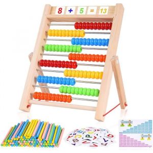 Abaque en Bois Cadres pour Enfant Calcul Comptage Boulier Jeux - 100 perles multicolores avec baguettes cartes alphabet