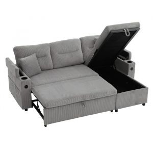 Canap&eacute; convertible 3 places canap&eacute; relaxcanap&eacute; coffreUSB velours c&ocirc;tel&eacute; et bois 212.5*136*86gris