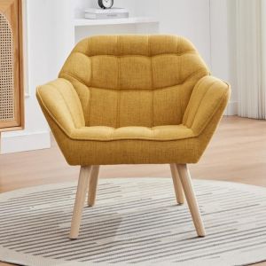Wahson Fauteuil Salon Moderne Fauteuil Scandinave avec Pied Bois Fauteul Design Salon en Lin Rembourré Confortable Fauteuil Jaune
