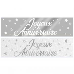 Banni&egrave;re - Joyeux Anniversaire - Blanc et Argent - 61cm x 16cm - Papier cartonn&eacute; - Lot de 2
