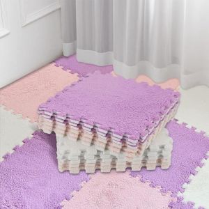 18Pcs Puzzle Tapis de Sol en Mousse en Peluche pour Enfants et Bébé Tapis Shaggy avec Bordure 30x30x16cm(BeigeRose ClairViolet)