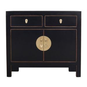 Armoire Chinoise Onyx Noire - Fine Asianliving - L 90 x P 40 x H 80 cm - Bois Massif - 2 Portes - 2 Tiroirs