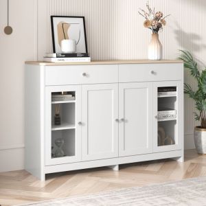 Bahut Buffet de salon 120x37x80 cm Buffet moderne 2 tiroirs et 4 portes de rangement Meuble bas Buffet de Cuisine Blanc