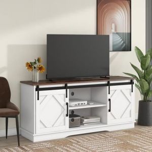 MERAX Farmhouse Grand Meuble TV étagères réglables buffet avec 2 portes coulissantes Rétro & Blanc 150*40*60cm