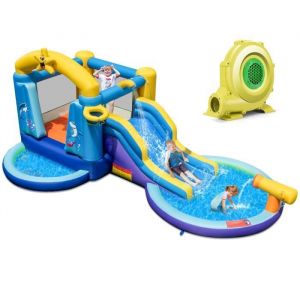 COSTWAY Ch&acirc;teau Gonflable Th&egrave;me Oc&eacute;an avec Souffleur 680W Toboggan dEau2 Piscines 50 Balles Oc&eacute;anique Canon &agrave; EauPanier de Basket