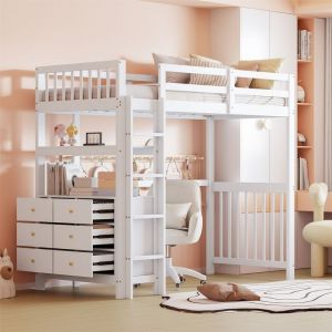 Lit Mezzanine 1 Place avec BureauTiroirLit Mezzanine Enfant Blanc 90x200cmEscalierBarrière SécuritéSommier à LattesPin Bois