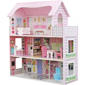 Rijoka Maison de poupée en bois avec meubles - 8 pièces - 3 étages - Rose classique - 62x27x70 cm