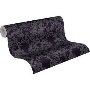 Papier peint baroque non tiss&eacute;-Papier baroque noir et blanc avec paillettesrouleau 1005x053 m