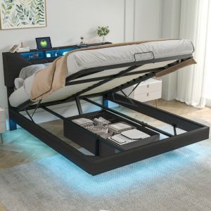 lit 160 x 200 avec sommier，Tissu PU noir lattes en bois massif LED réglable avec port de charge lit coffreRangement sous le