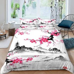 Parure de lit 140x200cmMotif fleurs de cerisier japonaisImpression 3DHousse de couette En microfibre Avec 2 taies doreiller