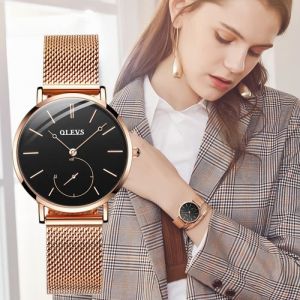 Montres Femmes de Marque - Ultra mince - Cadran des Secondes Séparé - Acier - Noir Dor Rose