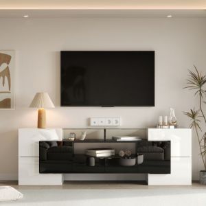 Meuble TV élégant panneau bas. Blanc et noir laqué brillant 200 cm éclairage LED-HAUSS SPOLE