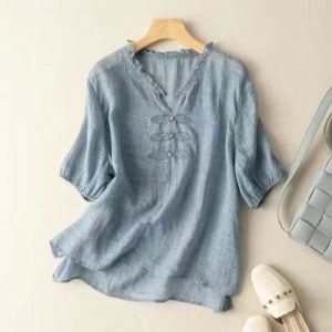 Été décontracté coton et lin broderie col en V à manches courtes T-shirt hauts ample pour femme Bleu