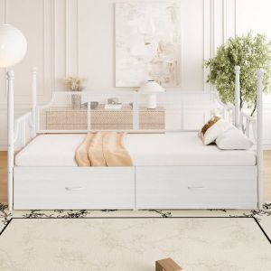 Lit banquette 90x200 cm blanc en métal style vintage avec dossier grillagé accoudoirs et tiroirs de rangement structure à