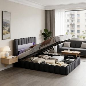 Lit coffre 180x200 cm - COMANLAI - T&ecirc;te de lit capitonn&eacute;e - &Eacute;clairage LED - Charge 250 kg - USB int&eacute;gr&eacute;