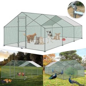 Enclos poulailler grillag&eacute; 3x6x2 M avec porte lat&eacute;rale et toit d&ocirc;me acier galvanis&eacute; 18 m&sup2;-Vert - LILIIN