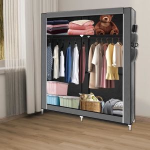 HOMEWELL - PENDERIE SOUPLE - Grande Armoire &agrave; Quatre Compartiments - Gris
