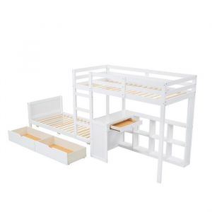 DRIPEX Lit superposé 90×200cm avec tiroirs et bureauLit enfant/étudiant avec échelle et Étagère ouverteclôture de sécuritéBlanc