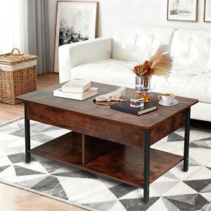 Table basse relevable-MENGDA-Table basse réglable extensible-Rangement ouvert et compartiment caché-90×48×62cm